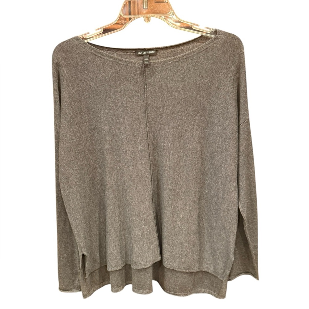 Eileen Fisher Neutral Gray Long Sleeve Knit Sweater Tencel Cotton and Silk